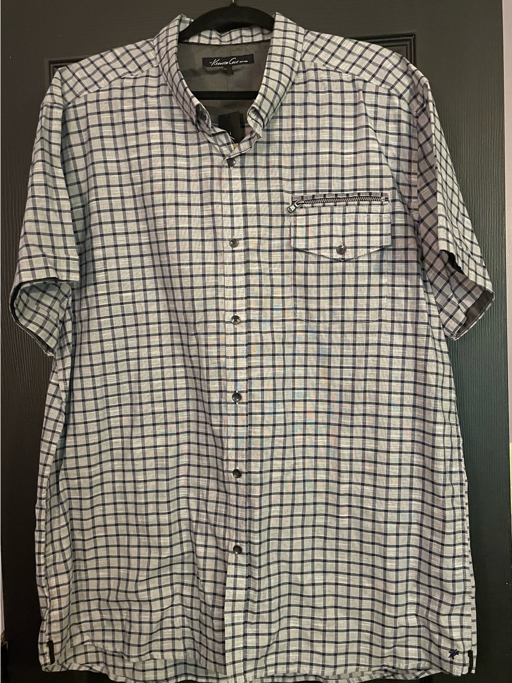 Kenneth Cole White and Blue Check Short Sleeve Button-Down Shirt